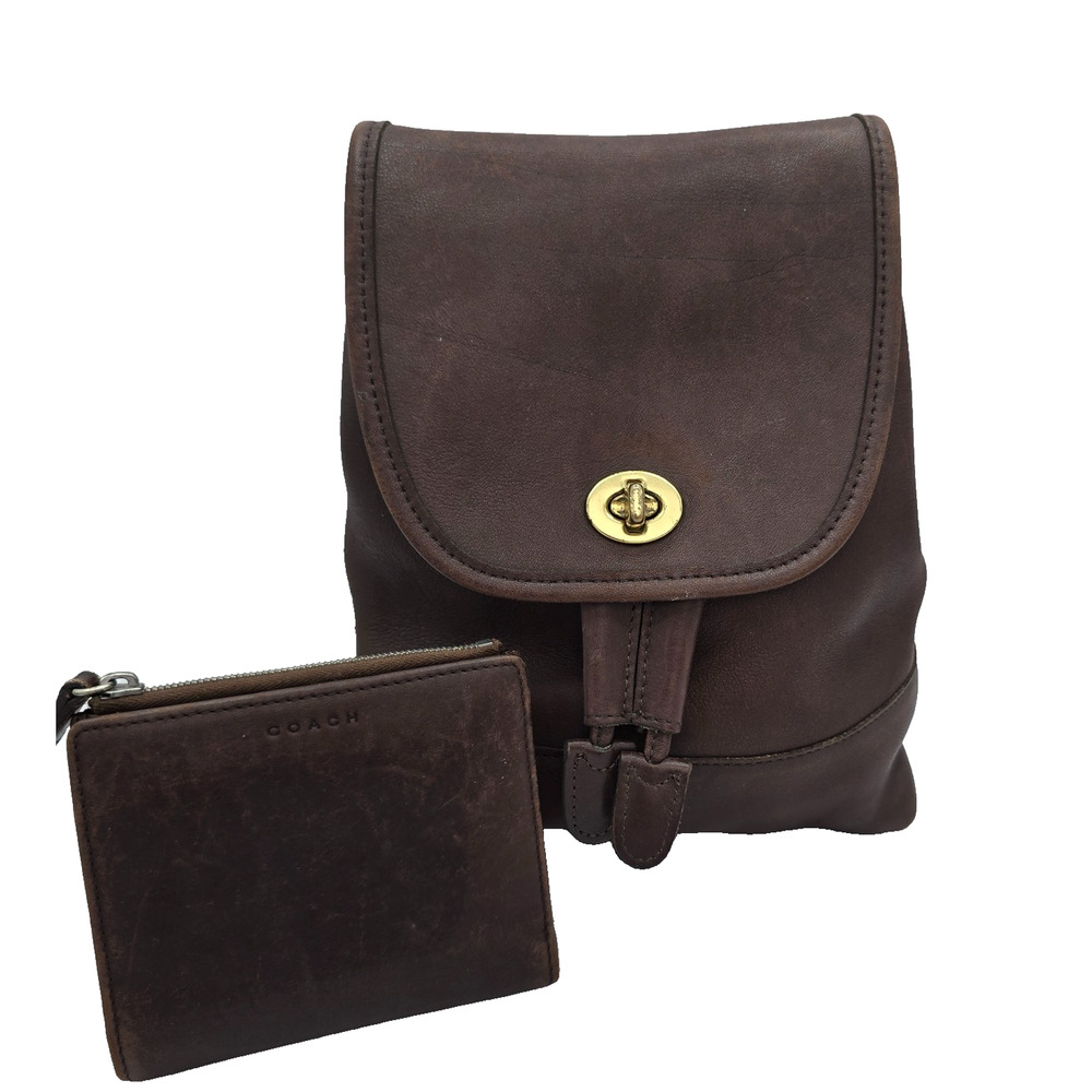 Coach 9960 Vintage Brown Leather Daypack Backpack Turn lock Drawstring & Wallet